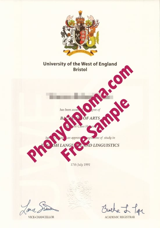 Uk University Of The West Of England Bristol Free Sample From Phonydiploma
